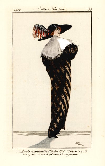 Kvinne i lang frakk av oterpels med hermelinkrage, svart hatt med flerfarget fjær, etsning etter en illustrasjon av Roger Broders fra Tommaso Antonginis Journal des Dames et des Modes, Aux Bureaux du Journal des Dames, Paris av Roger Broders