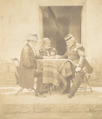 Krigsrådet om morgenen da Mamelon ble inntatt. Lord Raglan, Omar Pasha, M..., 1855. av Roger Fenton
