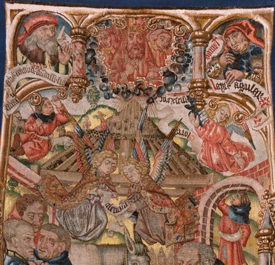 flamsk billedvev. Triptyk om Kristi fødsel (Tríptico del Nacimiento de Jesús). Modeller fra tegneserieskaper av sirkelen til Rogier van der Weyden. Produksjon Sør-Nederland. Ca 1492. Stoff Gull, sølv, silke og ull. av Rogier van der (circle of) Weyden