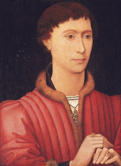 Portrett av en ung mann, bystelengde, i en pelskrimmet rød dublett, ca. 1450-60 (olje på panel) av Rogier van der (circle of) Weyden