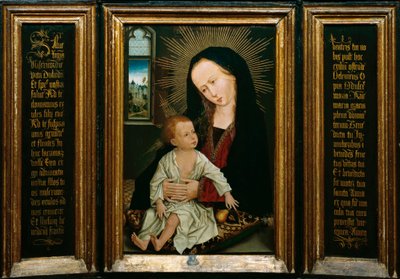 Salve Regina (Salve, O Queen, katolsk bønn), representasjon av jomfruen og barnet som holder en pære (olje på tre) av Rogier van der Weyden