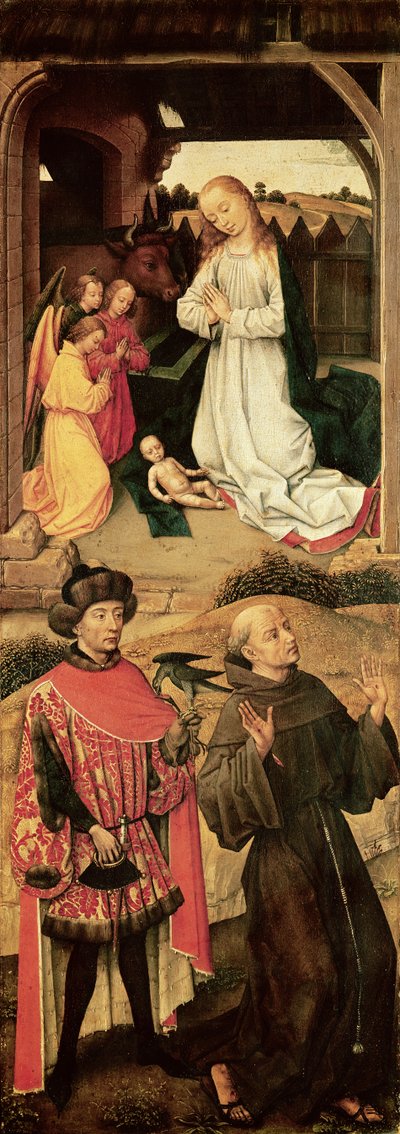 Triptych of the Golgata (venstre panel, Fødselen i den øvre delen, Saint Francis of Assisi og muligens Saint Julian the Hospitaller i den nedre delen) av Rogier van der Weyden
