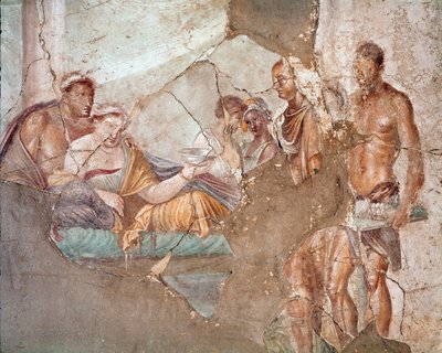 En bankett, sannsynligvis dronningen av Numidia Sophonisba som begikk selvmord ved å drikke gift (fresco av Roman