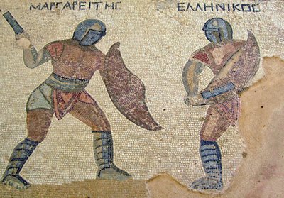 En kamp mellom to gladiatorer, House of the Gladiators, Kourion, Kypros (mosaikk) av Roman