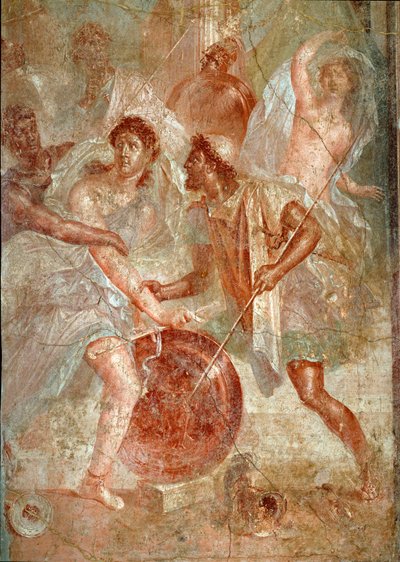 Akilles, forkledning hos kvinner, er anerkjent av Ulysses blant døtrene til Lycomede en Scyros-freskomaleri fra Pompei. 1. århundre e.Kr. Dim. 145,5x137,5 cm Napoli, nasjonalt arkeologisk museum - romersk kunst. Voldelig kamp mellom folket i Pompeii og Noc av Roman