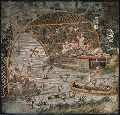 Bankett under en pergola nær Nilen - Detalj av Nilen Mosaic of Palestrina - 3. århundre f.Kr. - Nilen Mosaic of Palestrina - 3. århundre f.Kr., 95x102 cm - Staatliche Museen, Berlin av Roman