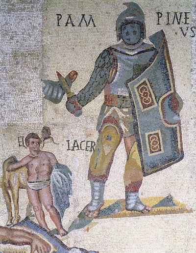 Battle between Gladiators, detalj av en gladiator bevæpnet med en dolk og et skjold, 320 AD (mosaikk) av Roman
