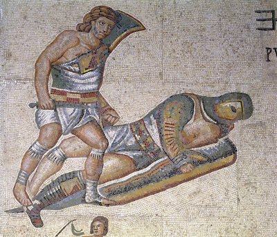 Battle between Gladiators, detalj av en gladiator som fester en annen til bakken, 320 AD (mosaikk) av Roman