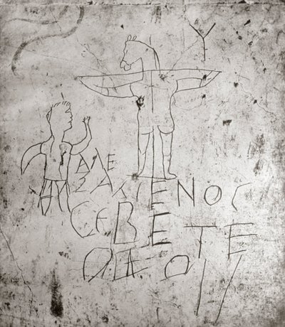 Blasfemisk graffito av en korsfestelse (stein) av Roman