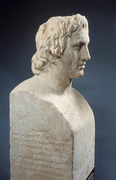Byste av Alexander den store, kjent som "Hermes Azara", romersk verk etter en bronsestatue av Lysippe. Omtrent 330 f.Kr. Paris, Louvre-museet av Roman