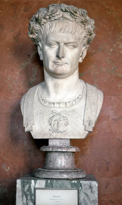 Byste av keiser Trajan med en krans av laurbær og Medusa på overkroppen (marmorskulptur, 98-117) av Roman