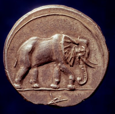 Karthaginsk sivilisasjon: medalje som representerte en elefant som tillot den karthagiske general Hannibal (247-183 f.Kr.) å krysse Alpene i 218 f.Kr. under den andre puniske krigen. 3. århundre f.Kr. Paris, B.N. av Roman