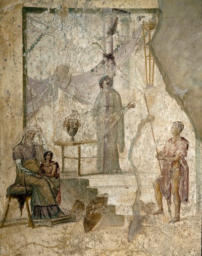 Cassandra profeterer Trojas fall, faren Priamos, som sitter til venstre, broren Paris, holder Discord-eplet og en kriger lener spydet sitt (sannsynligvis Hector) - Fresco av Roman