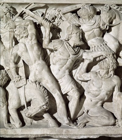 Detalj av en sarkofag som viser en kamp mellom romerne og galaterne stein av Roman