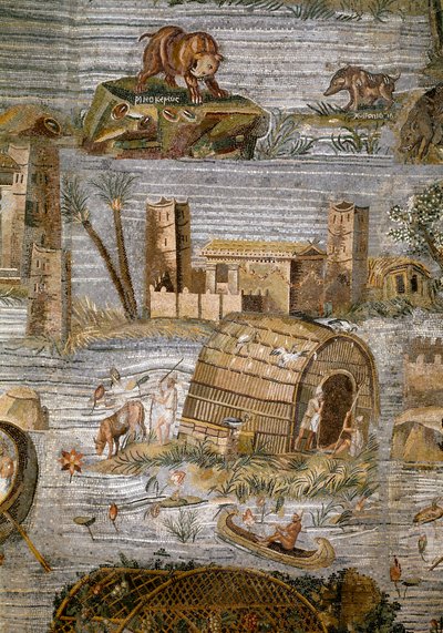 Detalj av den nilotiske mosaikken til Preneste (Palestrina) fra helligdommen til guddommen Fortune Primigenia, 80 f.Kr. av Roman