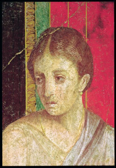 Detalj av hodet til den sittende mor, fra katekismescenen, Nordmuren, Oecus 5, 60-50 f.Kr. fresco se også 20015 av Roman