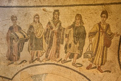 Inngang til terma, gulvmosaikk, Villa Romana del Casale, Piazza Armerina, Sicilia, Italia (bilde) av Roman