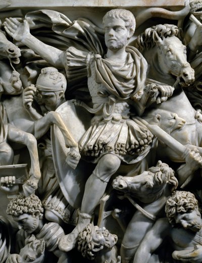 Rytterportrett av Hostilianus, sønn av keiser Decius, sammen med vaktene hans på hesteryggen, detalj fra Den store Ludovisi-sarkofagen med relieff som viser kamp mellom romere og østgoter, ca 260, romersk sivilisasjon, 3. århundre av Roman