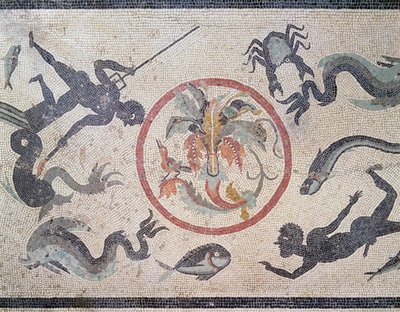 Fiskere og sjødyr, 1. århundre e.Kr. (mosaikk) av Roman