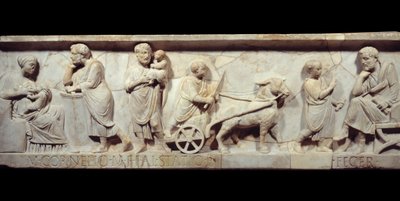 Fragment av sarkofagen til Marcus Cornelius Statius Rundt 150 e.Kr. - Antikkens Roma: Ansiktet til en romersk sarkofag. Scene av livet til et barn som vokser fra fødsel til læring. Paris, Musée du Louvre av Roman