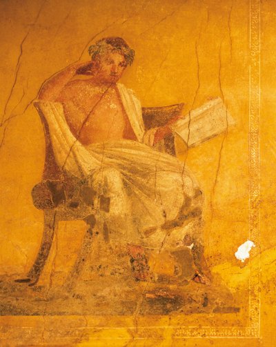 Freskomaleri på gul bakgrunn som viser den greske poeten Menander, fra House of Menander, Pompeii, Campania, romersk sivilisasjon av Roman