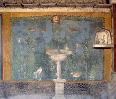 Fresco med fontene, maske og fugler, Venushuset i skjell, Pompeii (Unescos verdensarvliste av Roman