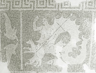 Hellenistisk rullesteinmosaikk av Scylla og Charybdis som vokter sundet, detalj av Scylla. House of Dionysos, Pafos, Kypros mosaikk av Roman