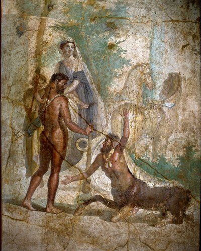 Hercules, Dejanire og kentauren Nessus”” Kentauren Nessos fjerner Dejanire, men Hercules redder henne ved å stikke hull på pilene hennes herdet fra giftet fra Hydraen i Lerne. Romersk freskomaleri etter en gresk original fra 300-tallet f.Kr. Begynnelsen av av Roman