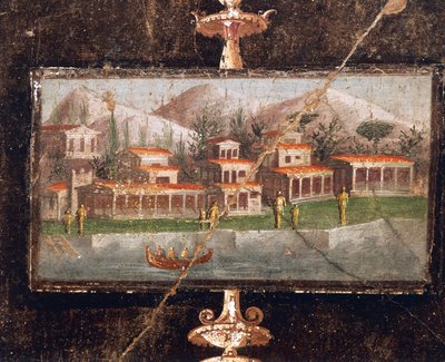 Landskap og arkitektur i veggmaleri i tablinum, House of Marco Lucrezio Fronto, Pompeii, Campania, romersk sivilisasjon av Roman