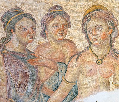 Leda og hennes hushjelper, detalj fra Leda og Zeus mosaikk, House of Aion, Pafos, Kypros (mosaikk) av Roman