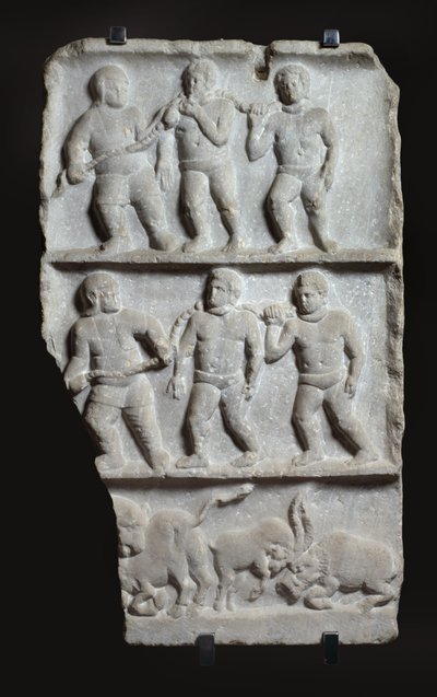 Marmorrelieff med 3 registre: slaver i lenker og dyr, ca. 200 e.Kr. (marmor) av Roman