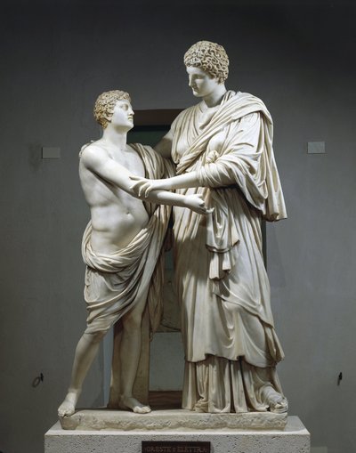 Marmorskulpturgruppe som skildrer Orestes og Electra av Roman