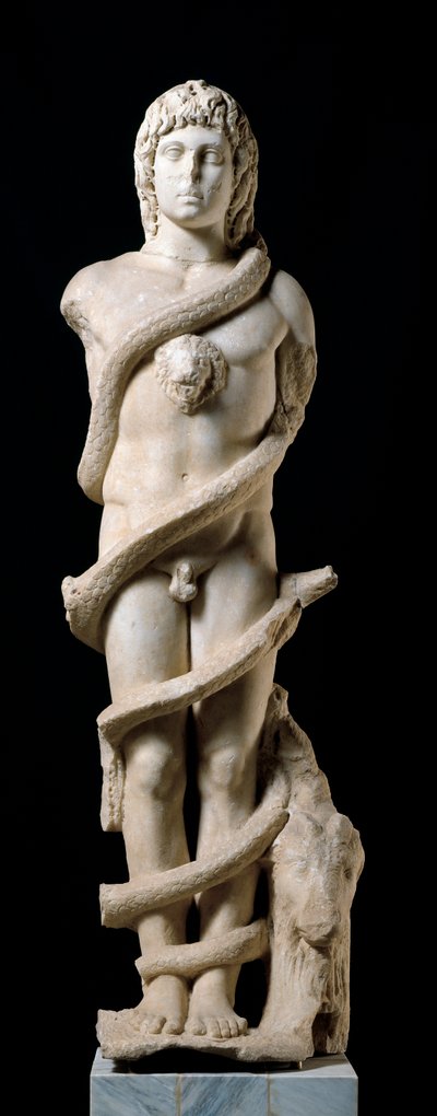 Mithraisk kult: representasjon av den guddommelige Mithra med Chronos (cronos) den rullende slangen, symbol på tid. Marmorskulptur fra det 2. århundre e.Kr. Dim. 167 cm Merida, Museo Nacional de Arte Romano av Roman