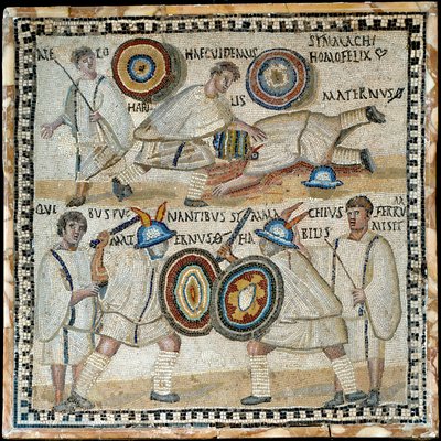 Mosaikk som skildrer kampen mellom to equites ved navn Simmachius og Maternus, romersk, 3. århundre e.Kr. av Roman