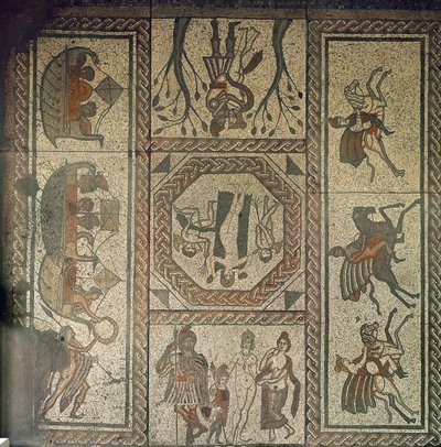 Mosaikk fortau fra den romerske villaen ved Low Ham, illustrerer historien om Dido og Aeneas fra Virgils Aeneid, ca. 350 e.Kr. (mosaikk) av Roman