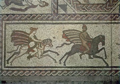 Mosaikk fortau fra den romerske villaen ved Low Ham, illustrerer historien om Dido og Aeneas fra Virgils Aeneid, ca. 350 e.Kr. mosaikkdetalj fra 5959 av Roman