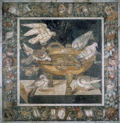 Mosaikk fra Pompeii med en gruppe duer på kanten av en labrum. 3. århundre f.Kr av Roman