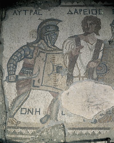 Maleri av to gladiatorer på en mosaikkvegg, Kourion, Limassol, Kypros av Roman