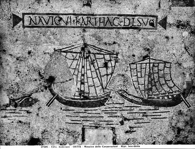 Pavement detail from the Piazzale dell Corporazioni depicting a nautical scene (mosaic)  av Roman