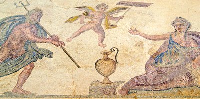 Poseidon og Amymone, House of Dionysos, Pafos, Kypros (mosaikk) av Roman