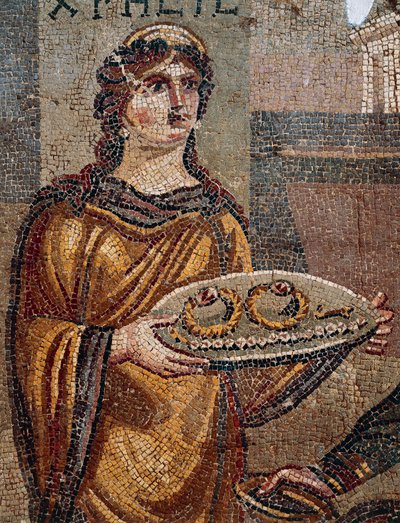 Fangen Chresis gir nøkler av løsepenger til sin fangefanger Agamemnon, Detalj fra Mosaic of Chresis avdekket i Daphne, Antiokia, Tyrkia av Roman