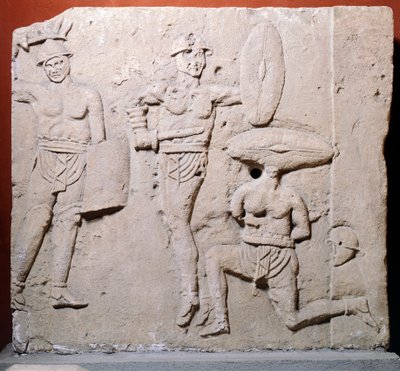 Relieff som viser gladiatorscene fra Due Madonne-området, Bologna, romersk sivilisasjon av Roman