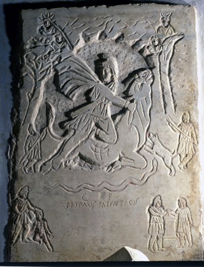 Relieff som viser den iranske guddommeligheten Mithra (eller Mitra) slakter oksen, et dyr assosiert med den. 4. århundre. Palazzo dei Conservatori, Roma. av Roman