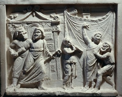 Relieff av teaterscene fra komedie 'Andria', av Publius Terentius Afer (relieff) av Roman