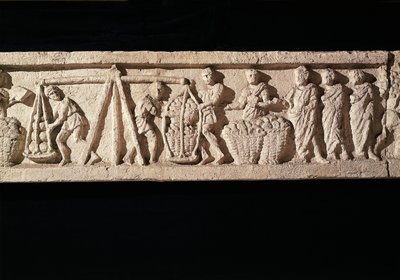 Relieff som viser stablen av brød i kurver og tar dem til veiing. fra graven til bakeren Euryaces, Porta Maggiore, Roma, ca. 50-20 BC50-20 av Roman