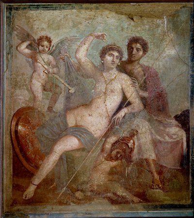 Representasjon av Ares og Afrodite, akkompagnert av elsker å leke med gudens våpen. Freske fra Villa de Mars og Venus i Pompei. 1. århundre e.Kr. Arkeologisk museum i Napoli - romersk kunst: Ares, Afrodite og Eros. Afrodite (Venus) recl av Roman