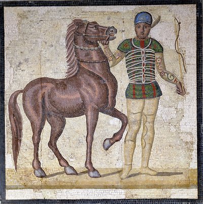 Representasjon av de fire fraksjonene i det romerske sirkuset: De grønne (factio prasina). Fraksjonene var klubber som var engasjert i sirkuskonkurranser i det øvre imperiet (1. århundre e.Kr.) og preget av en farge. Mosaikk, Roma Museo nazionale Romano. av Roman