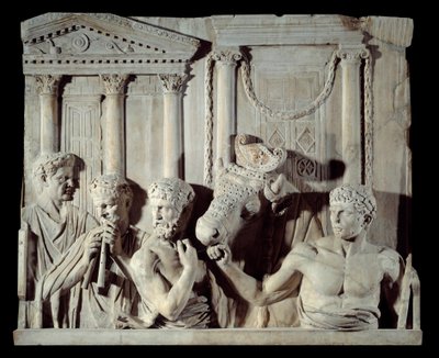 Romersk antikkens kunst: Fragment av et arkitektonisk relieff: forberedelse av et offer. Marmorskulptur, fra Roma av Roman