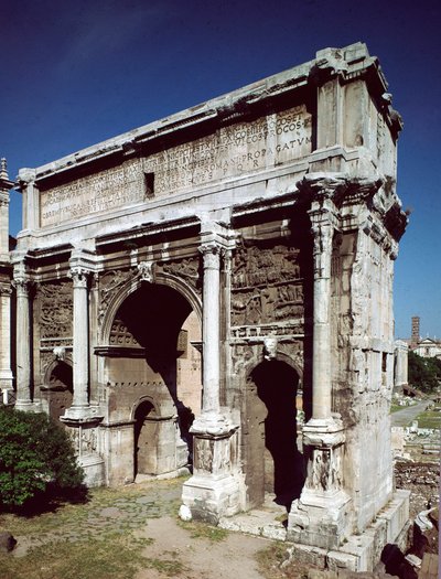 Romersk kunst: Triumfbuen til den romerske keiseren Septime Severus (Lucius Septimius Severus) (146-211) realisert i 203 e.Kr., Forum Romanum, Roma av Roman