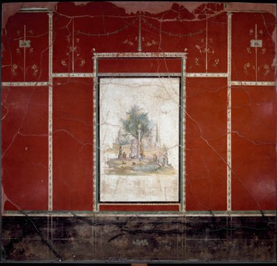 Romersk kunst: "" Bukolisk landskap og hellig "" Fresco tilskrevet mesteren av Amando. fra Boscotrecase, Agrippa Postumo villa. 1. århundre. Mål 153x98 cm Napoli, Nasjonalt arkeologisk museum av Roman
